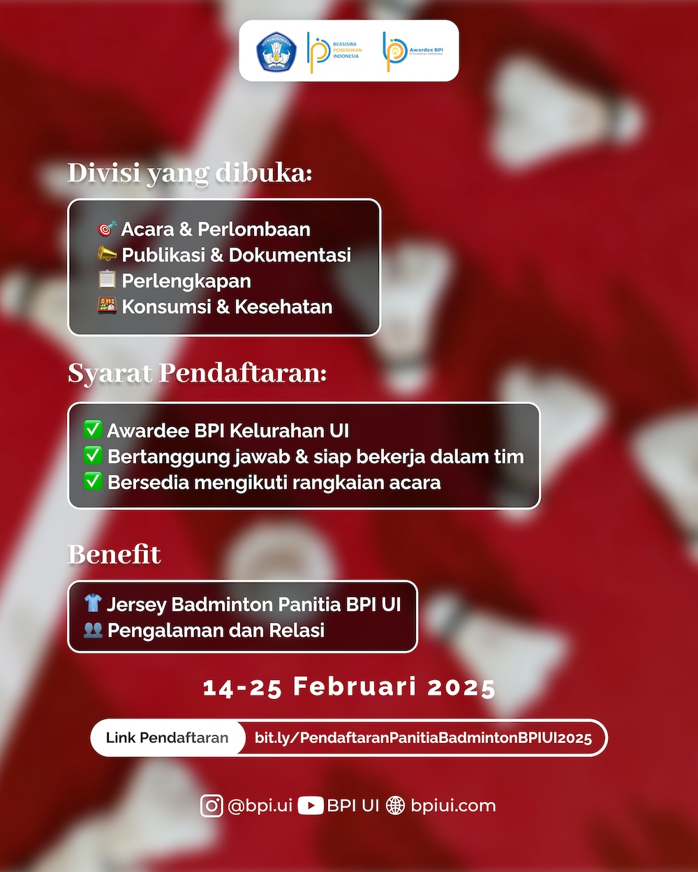 Pendaftaran Panitia Turnamen Badminton BPI UI 2025 Dibuka!